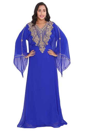 Luxury Royal Blue Georgette Stitched Kaftan with Heavy Golden Handwork Embroidery Dress