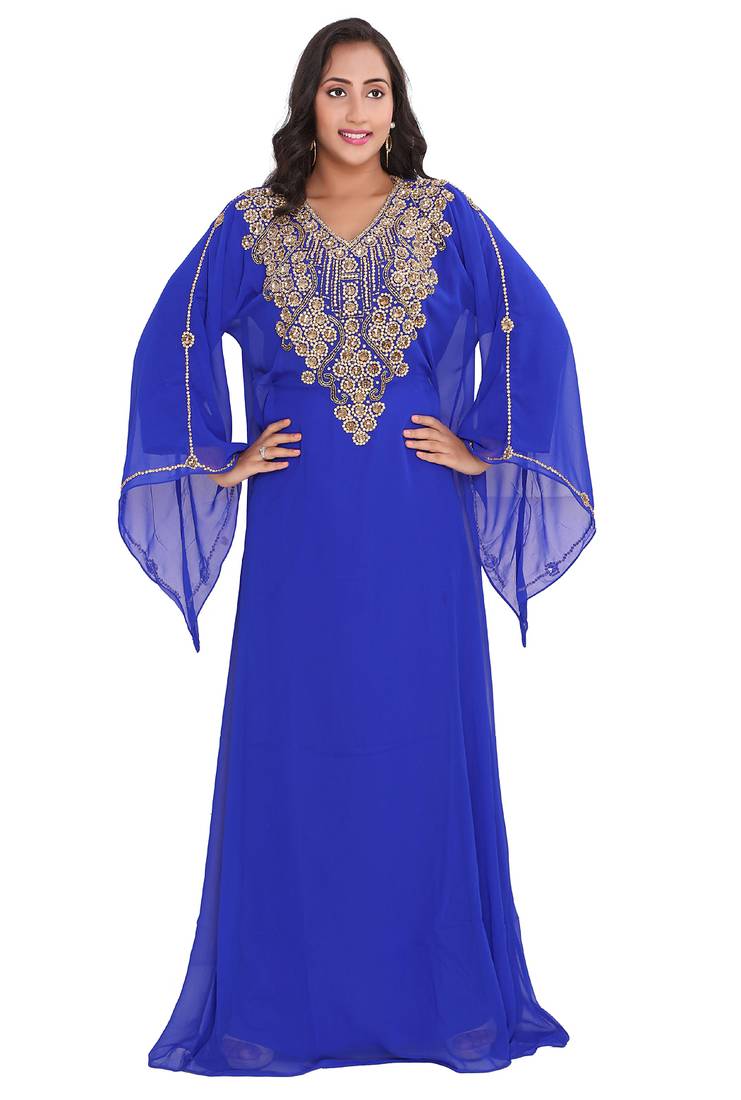 Luxury Royal Blue Georgette Stitched Kaftan with Heavy Golden Handwork Embroidery Dress