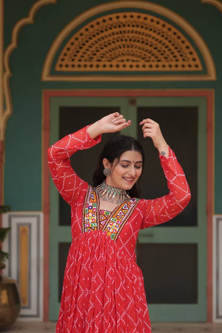 Navratri style royal red faux georgette anarkali gown with bandhani print & kutchi patchwork-Full stitched Free Size