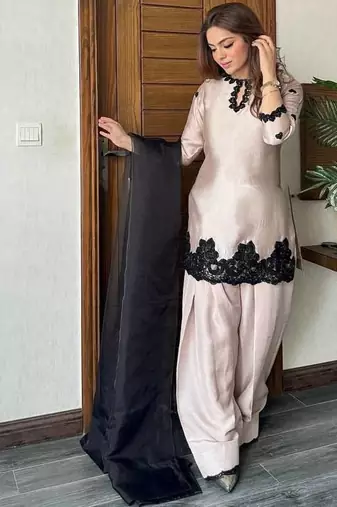 Pink Designer Farsi Salwar Suit with Beads and Sequence Embroidery Work - Three Piece Set