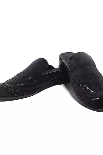 Black woven velvet mules