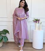 Elegant purple colored party wear embroidered stitched silk pant style kurti suit with duppatta