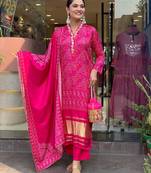 Elegant pink colored party wear print stitched viscose pant style kurti suit with duppatta