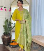 Elegant yellow colored party wear embroidered stitched chanderi pant style kurti suit with duppatta