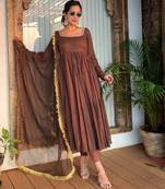 Elegant brown colored party wear stitched cotton pant style kurti suit with duppatta