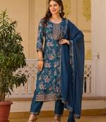 Elegant blue colored party wear embroidered stitched chinon pant style kurti suit with duppatta