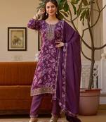 Elegant purple colored party wear embroidered stitched chinon pant style kurti suit with duppatta