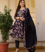 Elegant black colored party wear embroidered stitched chinon pant style kurti suit with duppatta