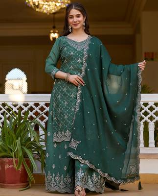 Elegant green colored party wear embroidered stitched chinon pant style kurti suit with duppatta 1