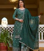 Elegant green colored party wear embroidered stitched chinon pant style kurti suit with duppatta