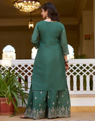 Elegant green colored party wear embroidered stitched chinon pant style kurti suit with duppatta 3