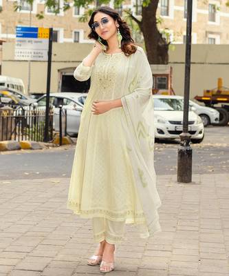Lime Anarkali Kurta With Trousers & Dupatta  1