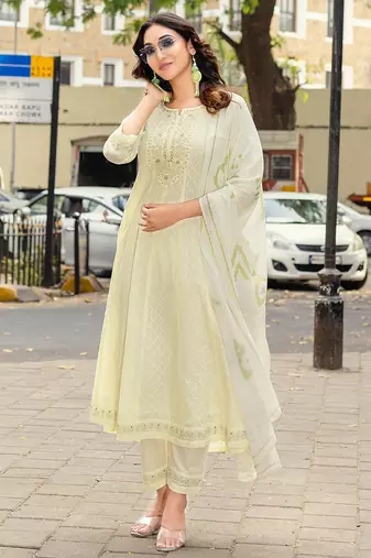 Lime Anarkali Kurta With Trousers & Dupatta 