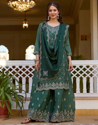 Elegant green colored party wear embroidered stitched chinon pant style kurti suit with duppatta 4