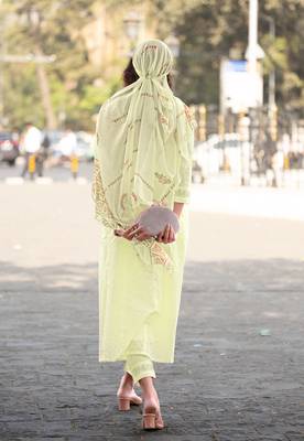 Lime Anarkali Kurta With Trousers & Dupatta  2