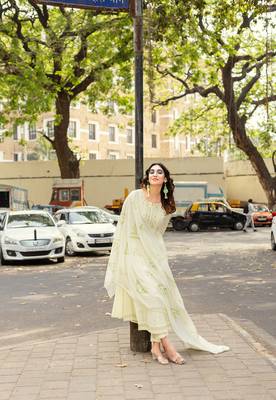 Lime Anarkali Kurta With Trousers & Dupatta  3