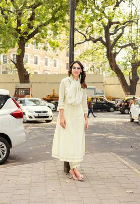 Lime Anarkali Kurta With Trousers & Dupatta  4
