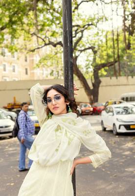 Lime Anarkali Kurta With Trousers & Dupatta  5