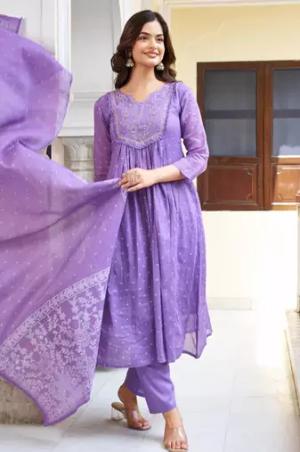 Elegant purple colored party wear embroidered stitched cotton pant style kurti suit with duppatta