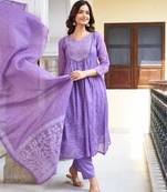 Elegant purple colored party wear embroidered stitched cotton pant style kurti suit with duppatta
