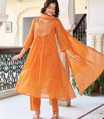 Elegant orange colored party wear embroidered stitched cotton pant style kurti suit with duppatta