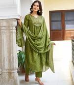 Elegant green colored party wear embroidered stitched cotton pant style kurti suit with duppatta
