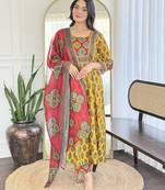 Elegant yellow colored party wear print stitched rayon pant style kurti suit with duppatta