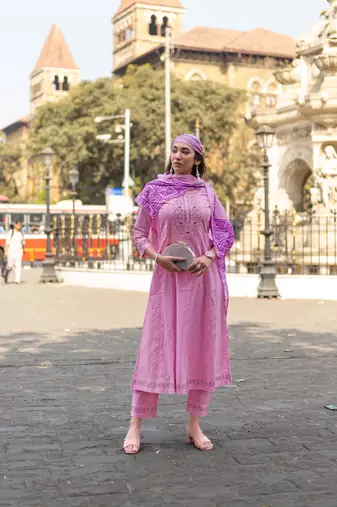 Pink Anarkali Kurta With Trousers & Dupatta 