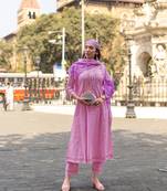 Pink Anarkali Kurta With Trousers & Dupatta 