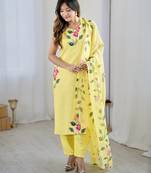 Elegant yellow colored party wear print stitched viscose pant style kurti suit with duppatta