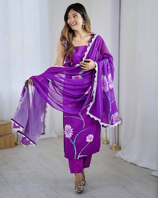 Elegant purple colored party wear print stitched viscose pant style kurti suit with duppatta 1