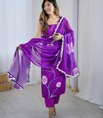 Elegant purple colored party wear print stitched viscose pant style kurti suit with duppatta