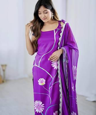 Elegant purple colored party wear print stitched viscose pant style kurti suit with duppatta 2