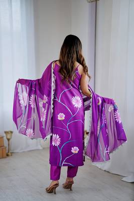 Elegant purple colored party wear print stitched viscose pant style kurti suit with duppatta 3