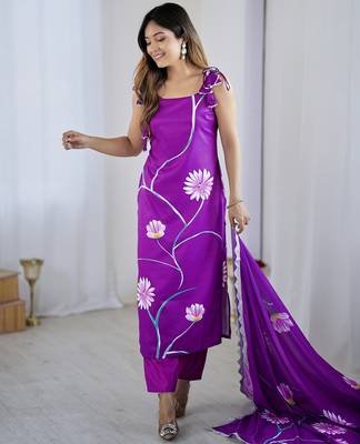 Elegant purple colored party wear print stitched viscose pant style kurti suit with duppatta 4