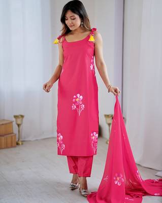 Elegant pink colored party wear print stitched viscose pant style kurti suit with duppatta 4