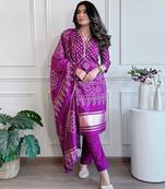 Elegant purple colored party wear print stitched viscose pant style kurti suit with duppatta