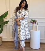 Elegant grey colored party wear print stitched cotton pant style kurti suit with duppatta