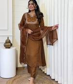 Elegant brown colored party wear embroidered stitched vichitra silk pant style kurti suit with duppatta