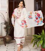 Elegant white colored party wear embroidered stitched chanderi silk pant style kurti suit with duppatta