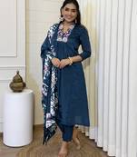 Blue embroidered stitched chinon pant style kurti suit