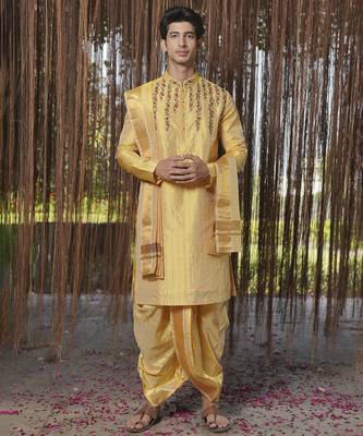Gold plain silk kurta & dhoti with stole 1