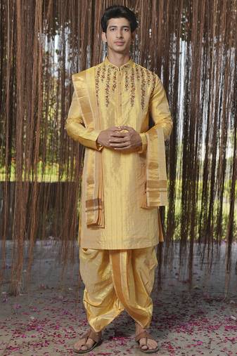Gold plain silk kurta & dhoti with stole