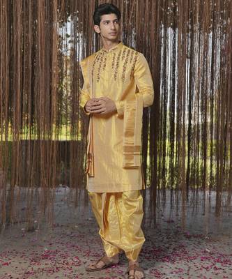 Gold plain silk kurta & dhoti with stole 2