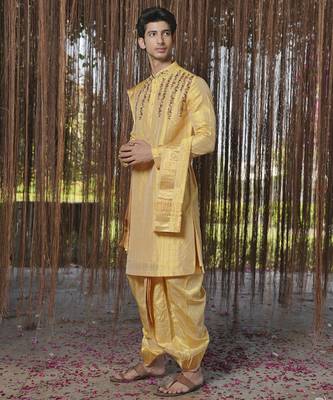 Gold plain silk kurta & dhoti with stole 3