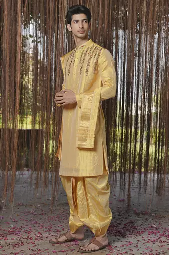 Gold plain silk kurta & dhoti with stole