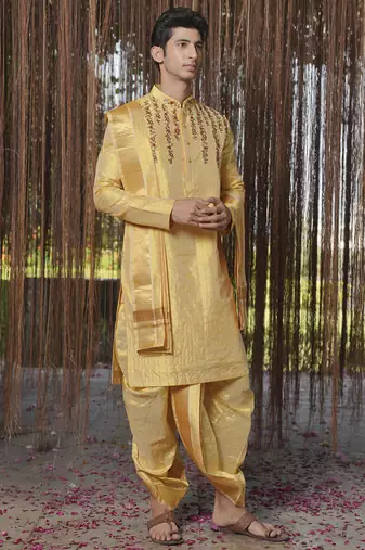 Gold plain silk kurta & dhoti with stole