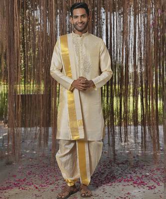 Beige plain silk kurta & dhoti with stole 1