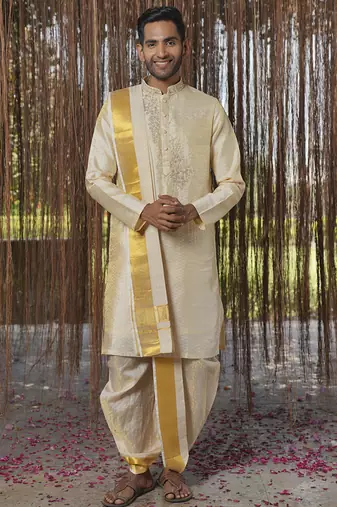 Beige plain silk kurta & dhoti with stole