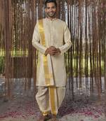 Beige plain silk kurta & dhoti with stole
